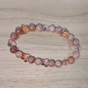 Pink Beaded Stretch Bracelet Glass Crystal Flower Elastic Womens Jewelry